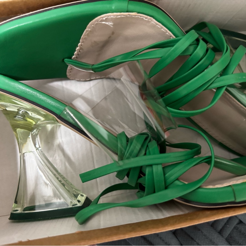 SHEIN Green Strappy Heels with Clear Block Heel